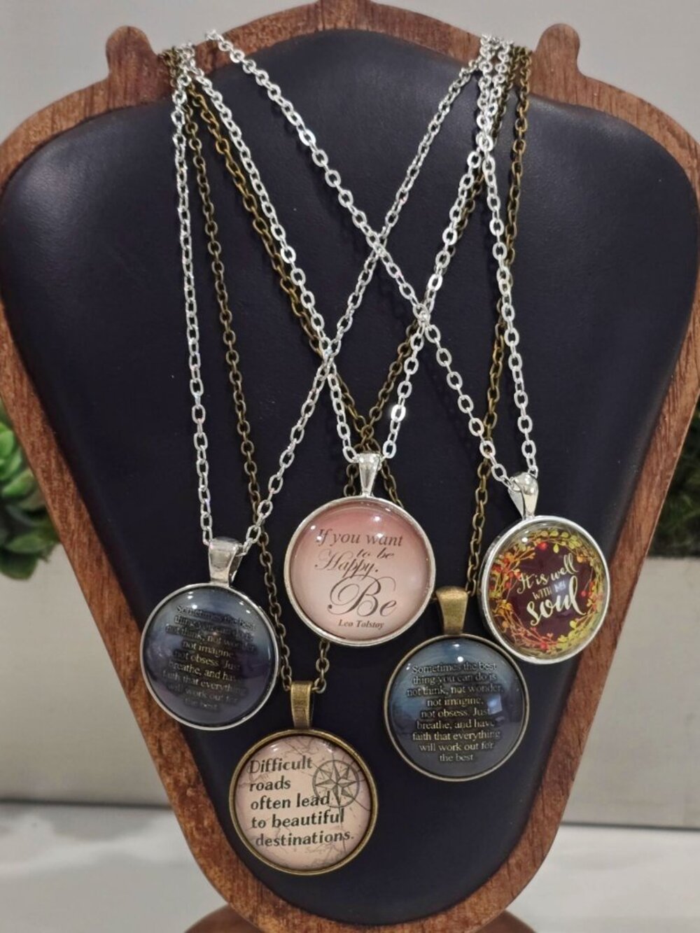 Artisan Inspirational Quote Glass Cabochon Pendant Necklace Silver Bronze Sz OS